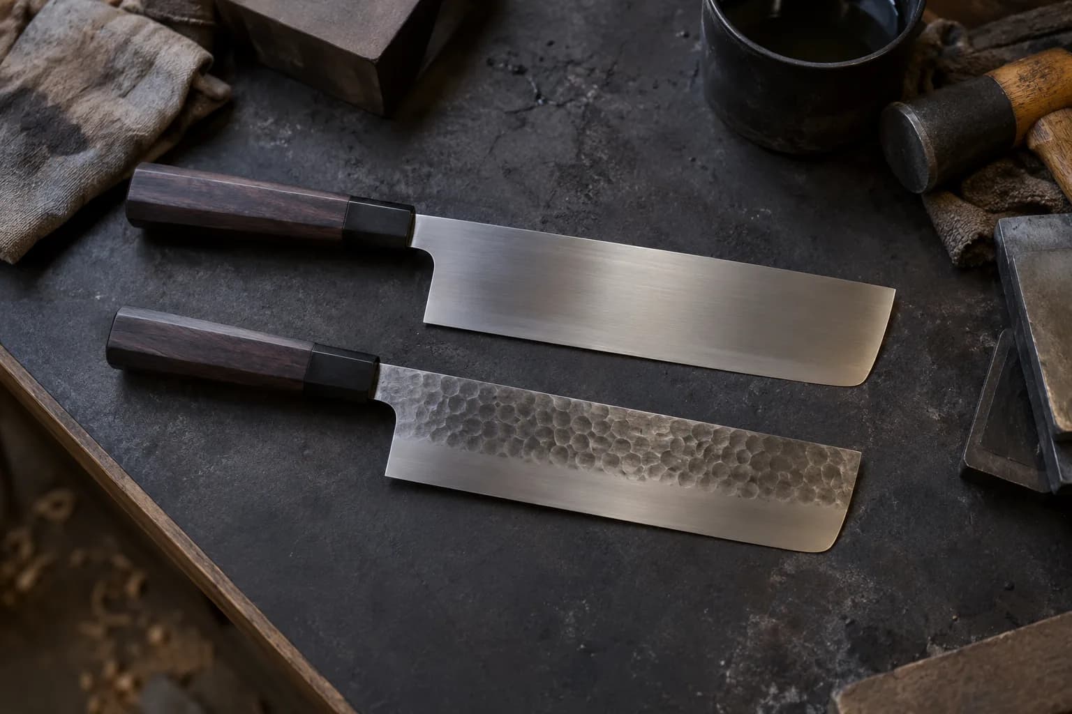 Two nakiri on a dark bench, one polished and one with shallow hammered dimples above a smooth edge bevel.