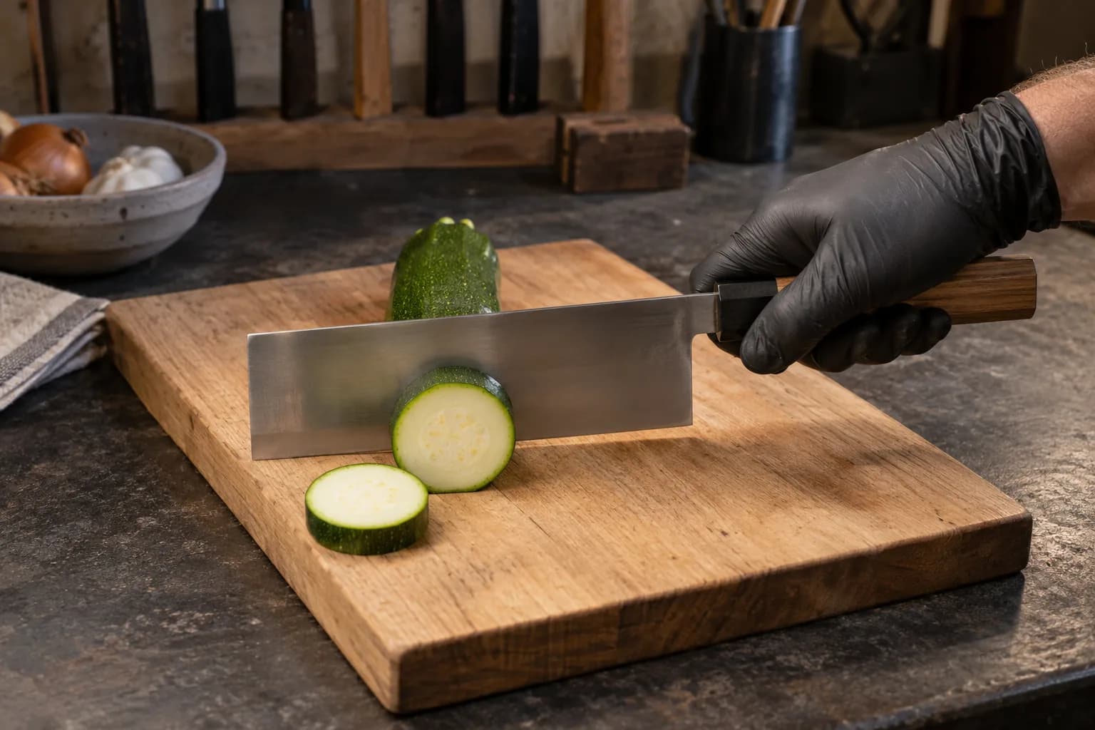 Gloved hand pushes a nakiri straight down through a zucchini on an oak board, two slices cut off in front of the blade.