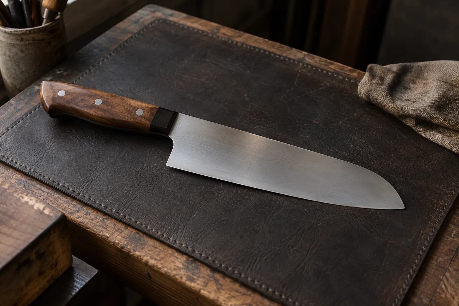 Santoku with a walnut handle and flat edge lying on a dark stitched leather pad, spine curving down to a blunted front.