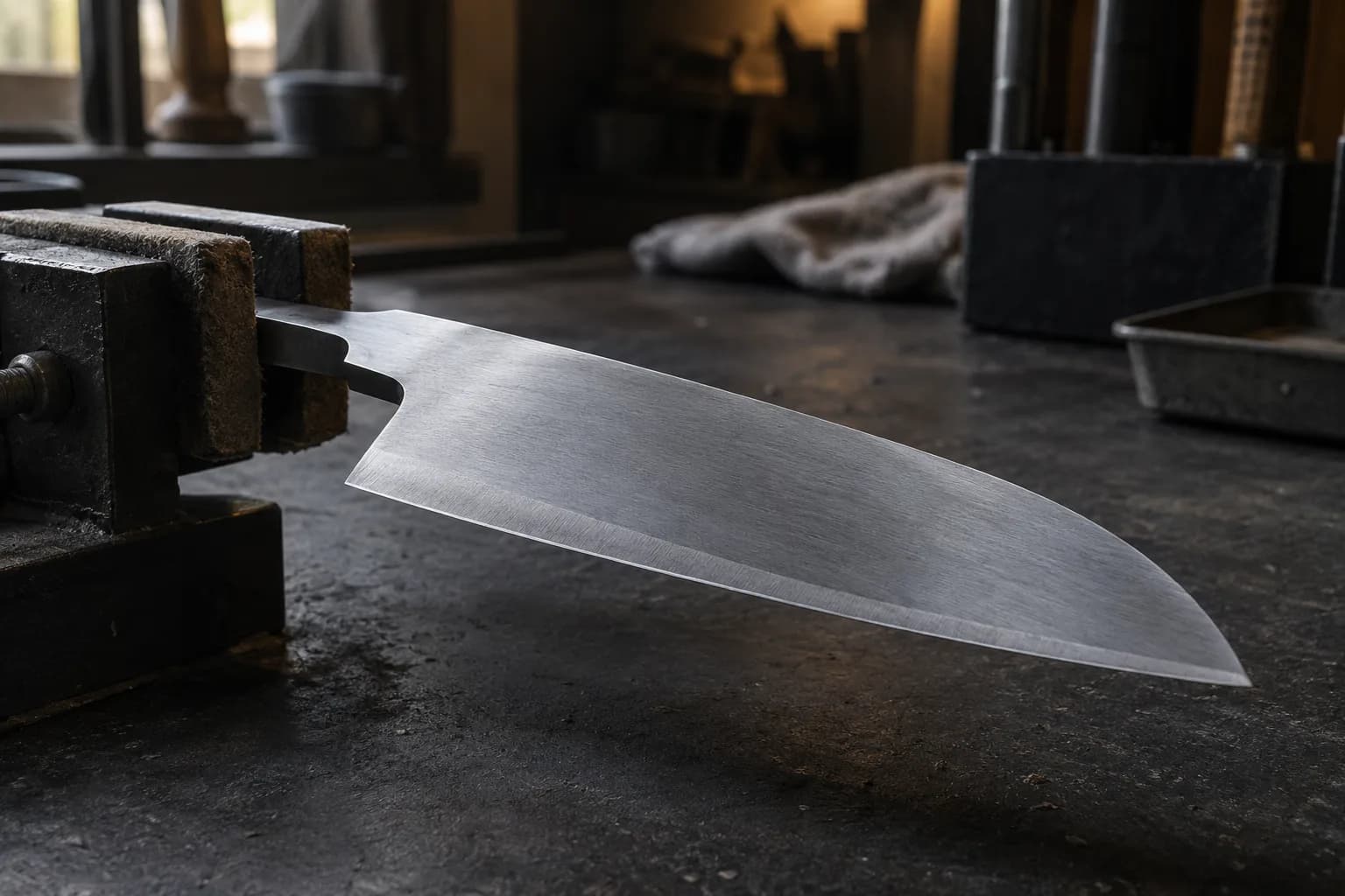 Santoku blank held by its tang in a padded bench vise, with a narrow bright secondary bevel along the full-flat edge