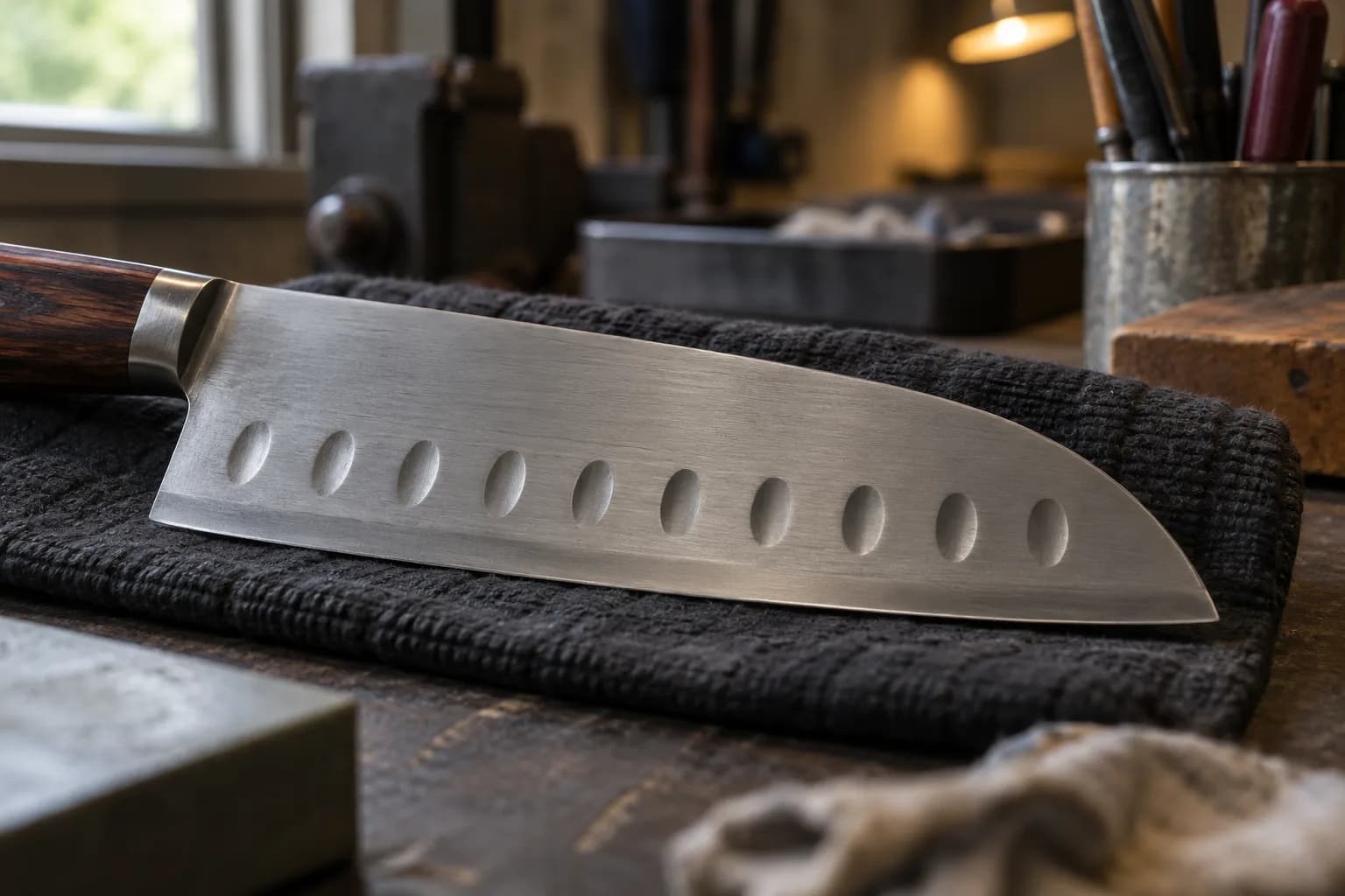 Row of shallow oval dimples above the smooth edge band on the face of a santoku lying on a dark towel.