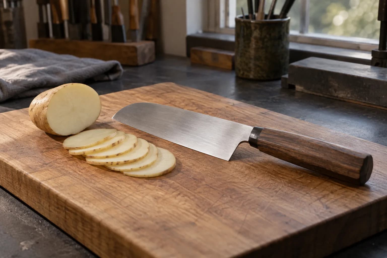 Santoku with a dark wood handle lies flat on a wooden board beside a half potato and a shingled row of thin slices.