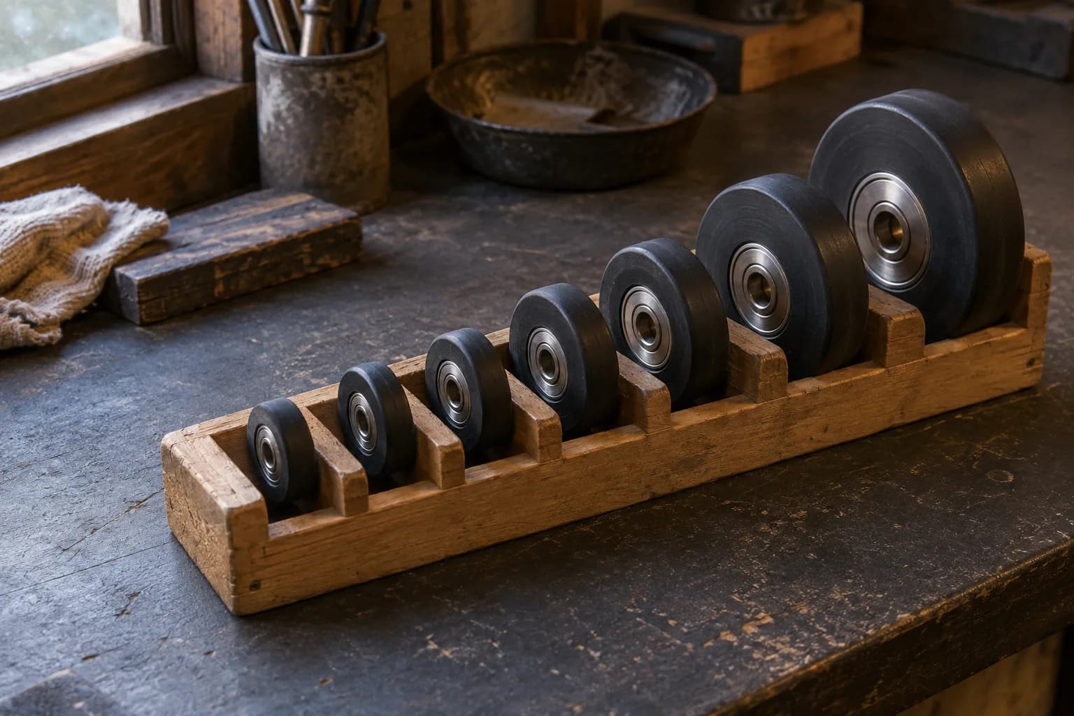 Seven black rubber wheels with steel bearing hubs, graduated small to large, standing in a wooden bench rack.