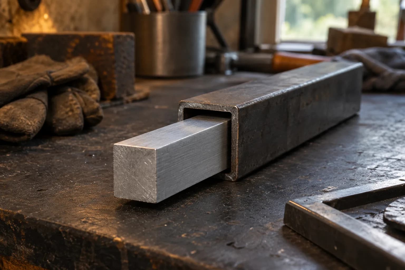 Bright square metal bar slid partway into a dark square steel tube on a worn bench, gloves and a steel square nearby.