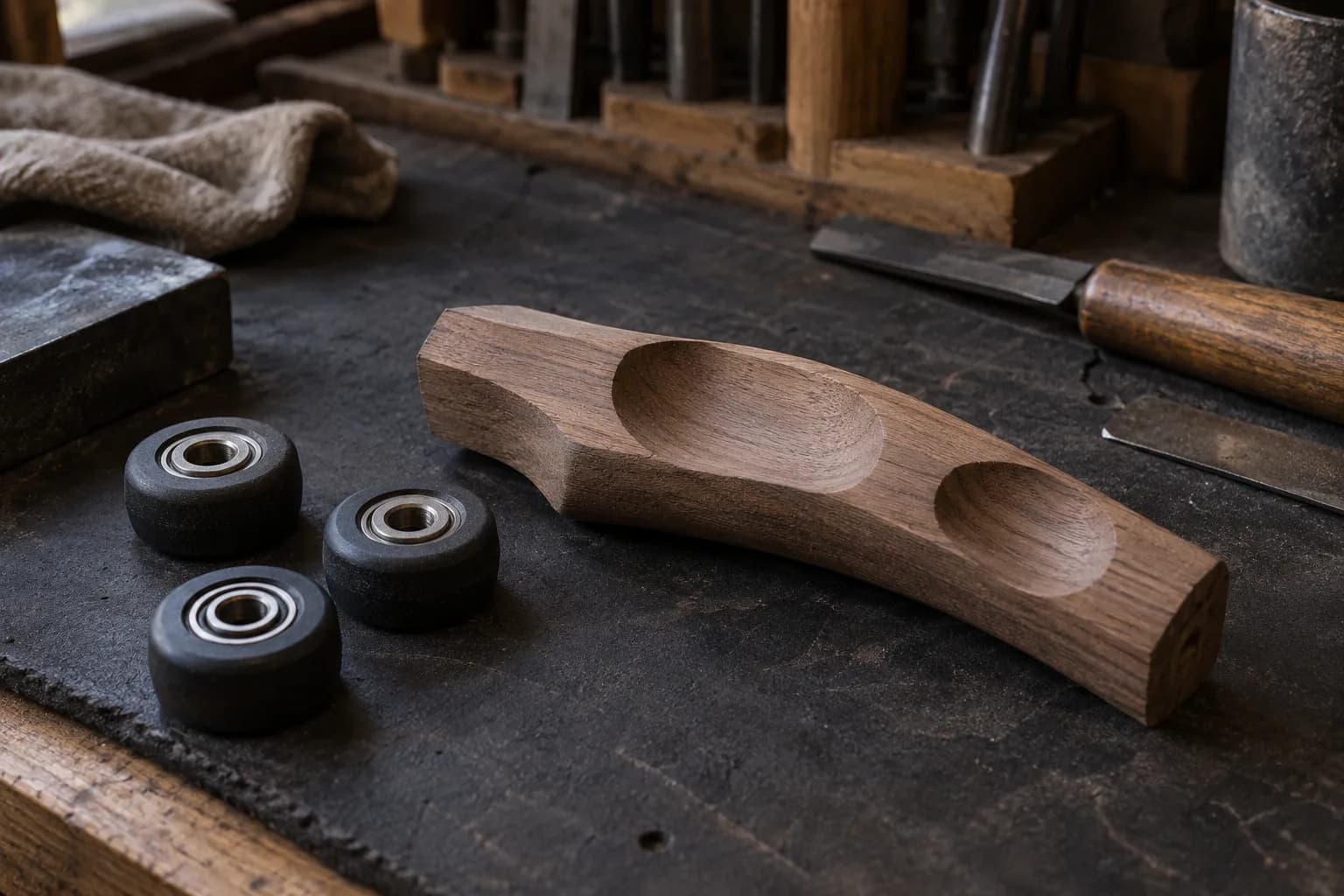 Three small black rubber wheels with bearings beside an oak handle blank carved with a large and a small hollow.