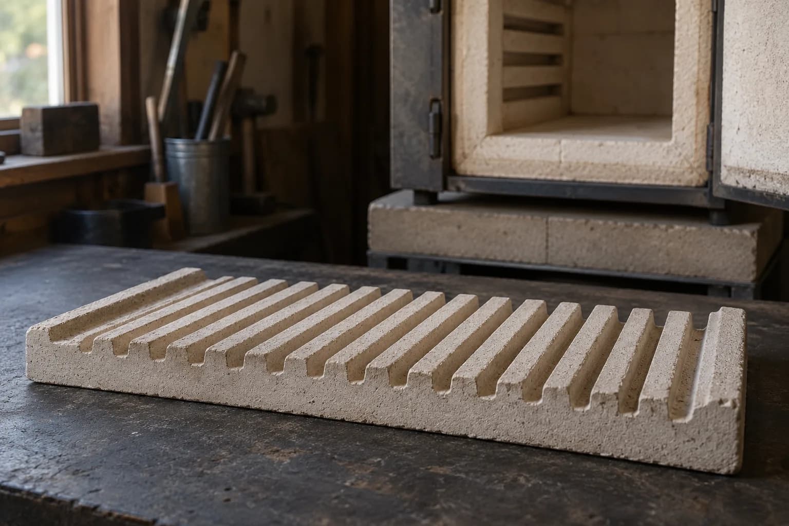 Slotted ceramic blade rack on a dark bench with an open, empty heat-treat kiln on a brick stand behind it.