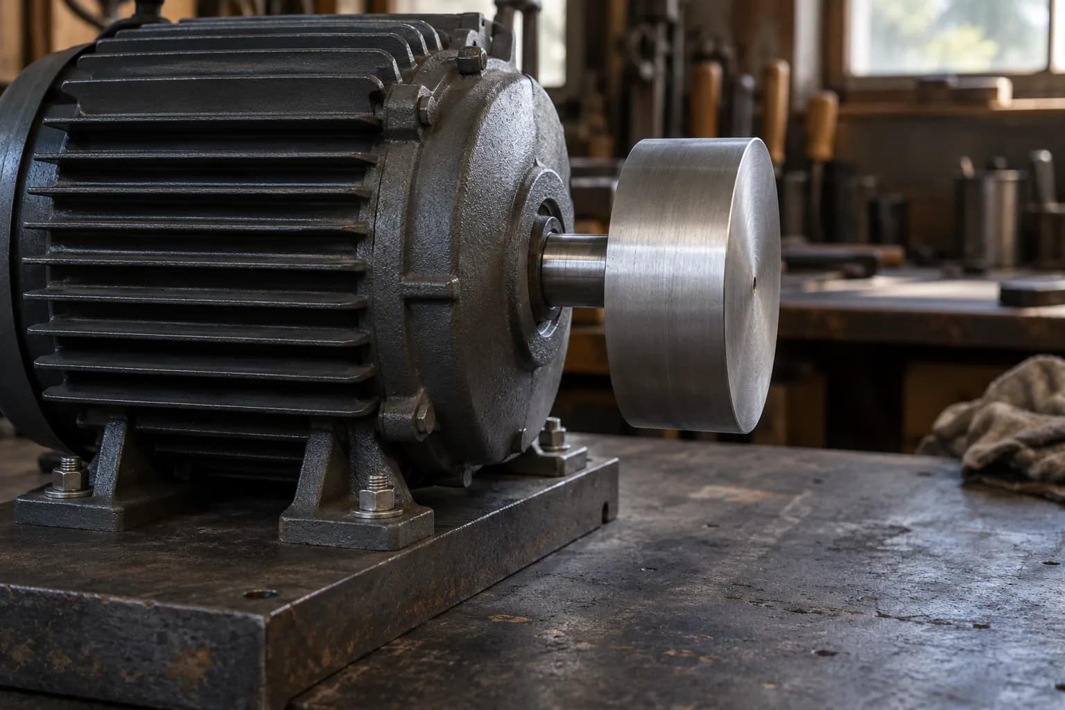 Cast-iron electric motor bolted to a steel base with a plain metal wheel mounted directly on its shaft.