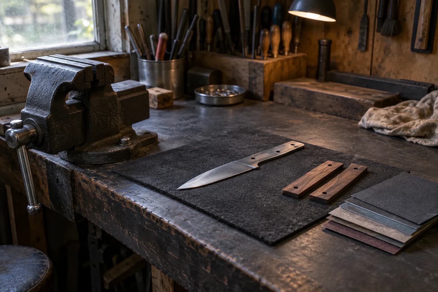 Knife blank, two walnut handle scales and abrasive sheets laid on a felt pad beside a bench vise.