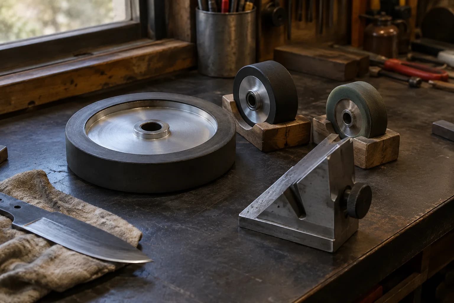 Large flat rubber contact wheel, two small wheels in wooden cradles and a steel angle block with knob beside a knife blank.