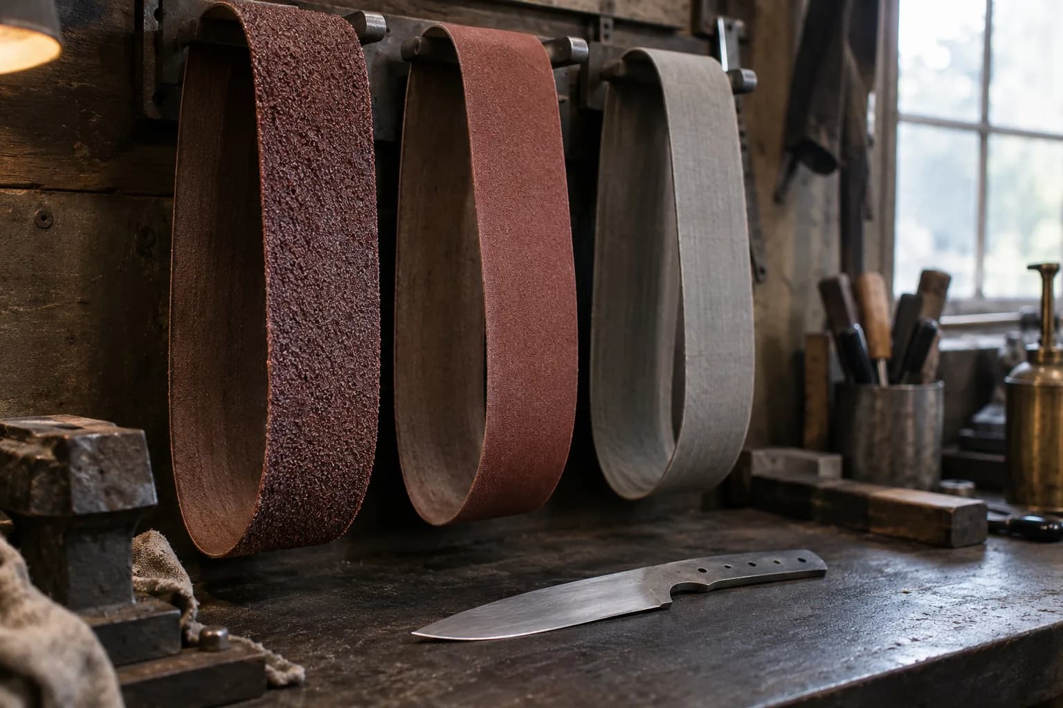 Coarse, medium and soft grey finishing abrasive belt loops hanging on pegs above a flat knife blank on a dark bench.