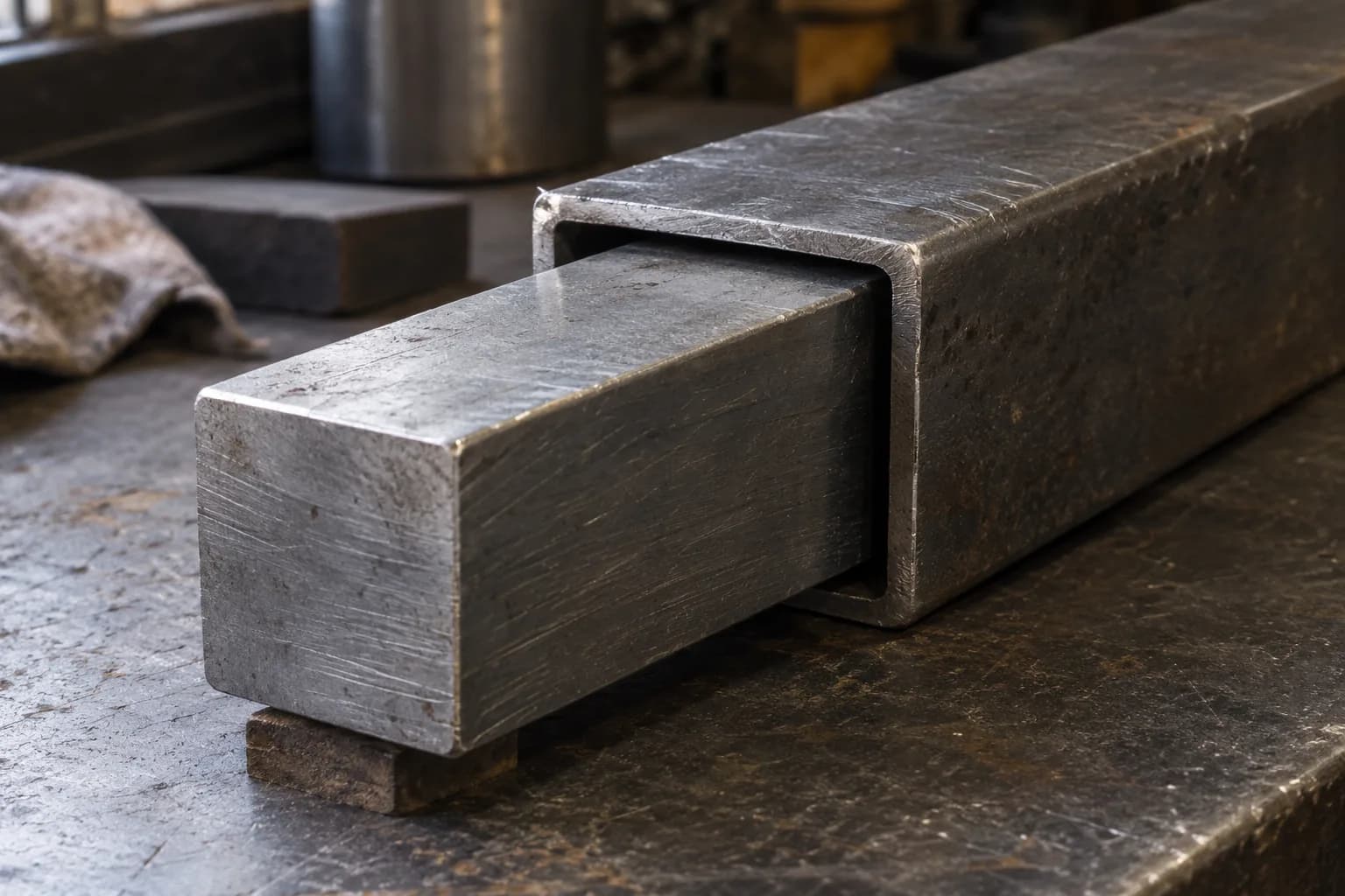 Plain square steel bar partly inserted into a larger square tube on a dark workbench, with a narrow gap around the bar.