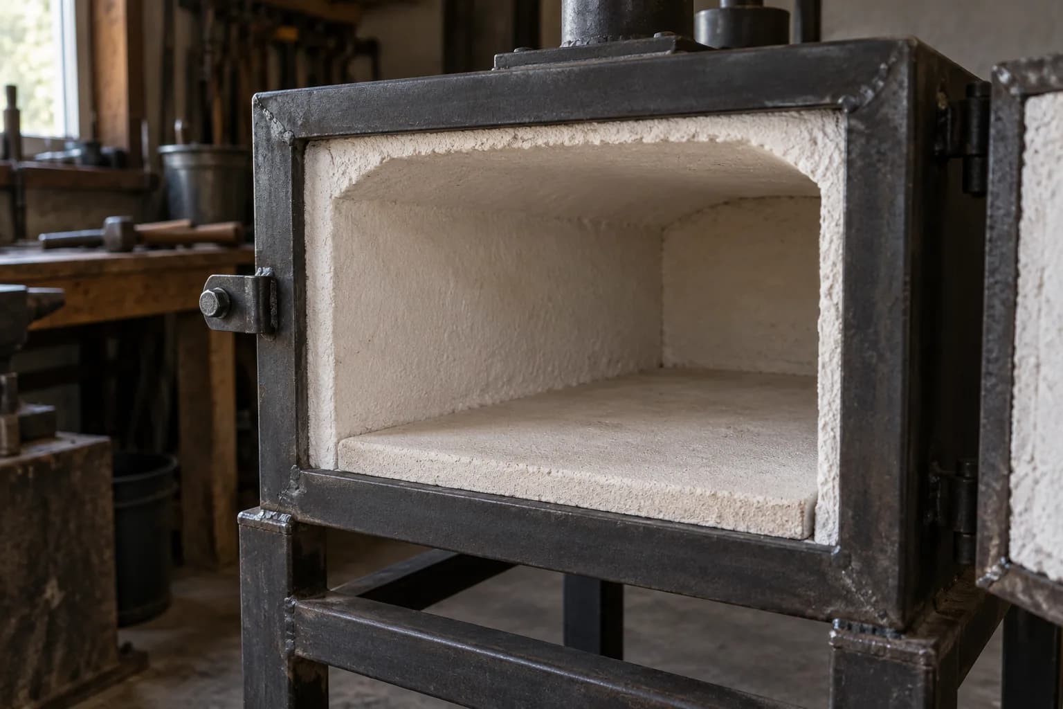 Cold steel-framed gas forge chamber with roof, walls and hearth coated in one continuous pale textured refractory layer.
