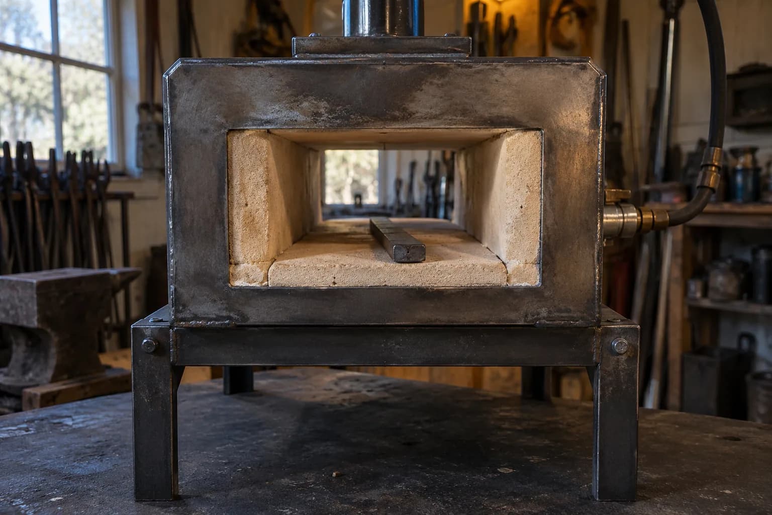 Looking straight through a cold gas forge on a steel stand: open front and rear, a flat bar on the brick hearth.
