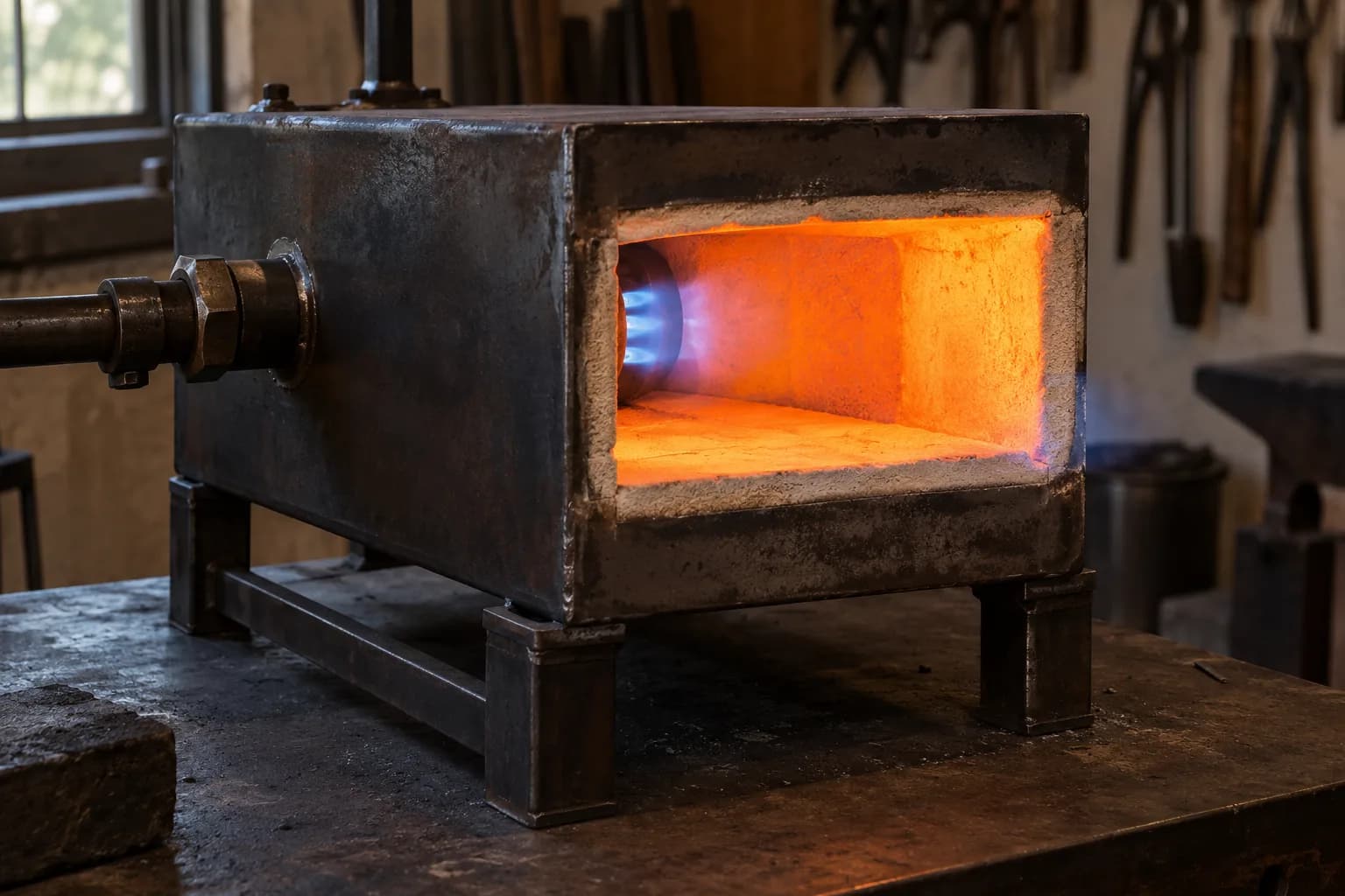 Side view of a lit gas forge with small blue burner cones and an evenly glowing orange chamber, with almost no flame at the mouth.