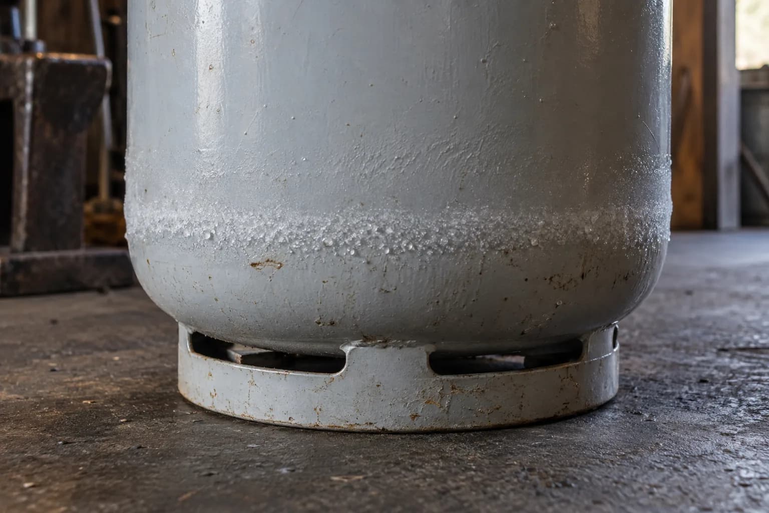 Grey steel propane cylinder standing on its slotted foot ring on a dark shop floor, with a band of frost low on its wall.