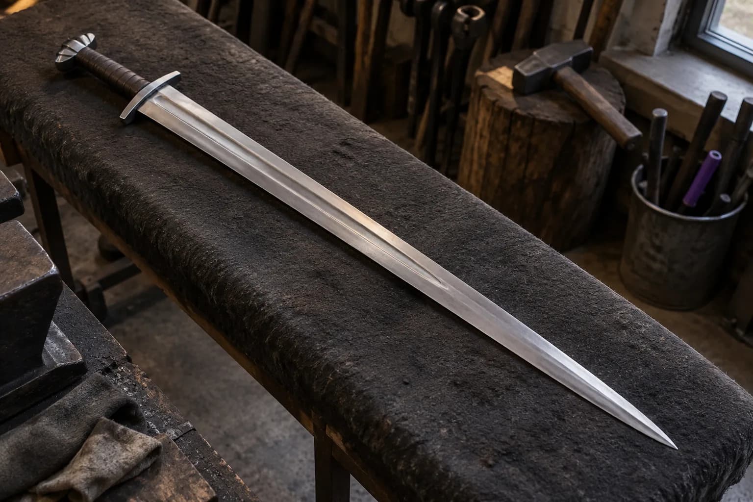 Viking-style sword with a long fuller, short plain guard and lobed pommel lying diagonally on a padded bench