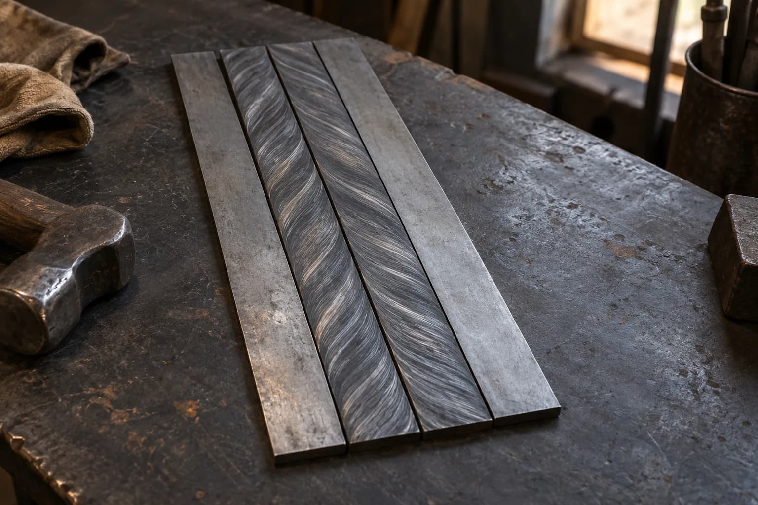Four flat steel bars side by side on a scarred bench: two patterned twist bars between two plain edge strips.