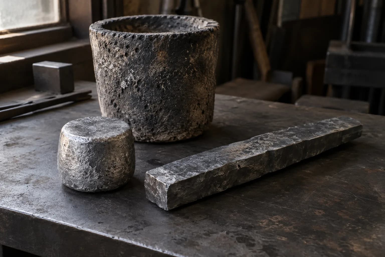 Rough cast steel ingot and a rough forged steel bar on a steel bench beside an empty, pitted clay crucible
