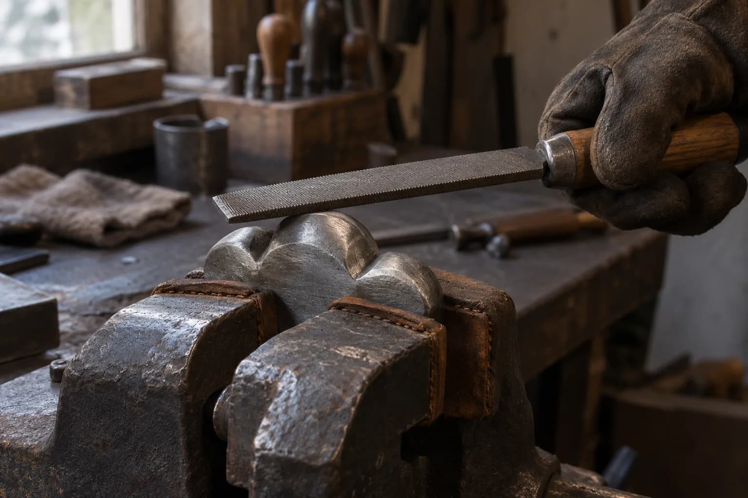 Gloved hand holds a flat file against a three-lobed steel pommel clamped in leather-padded bench vise jaws
