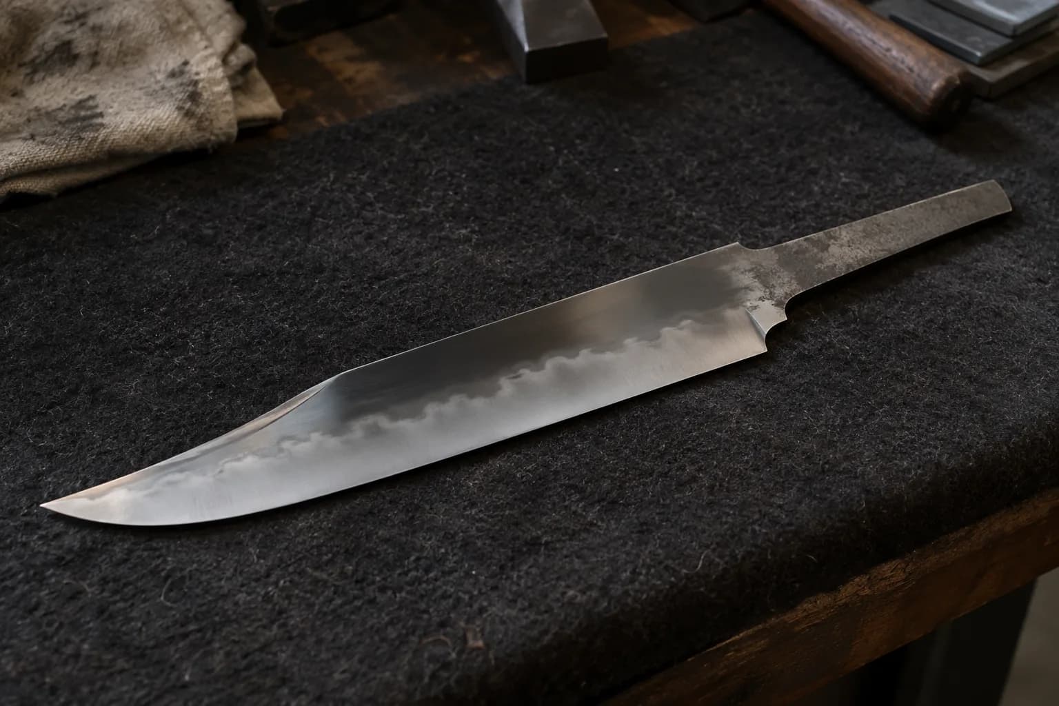 Polished clip-point bowie blade with a soft, wavy hamon line lying flat on dark felt on a shop bench
