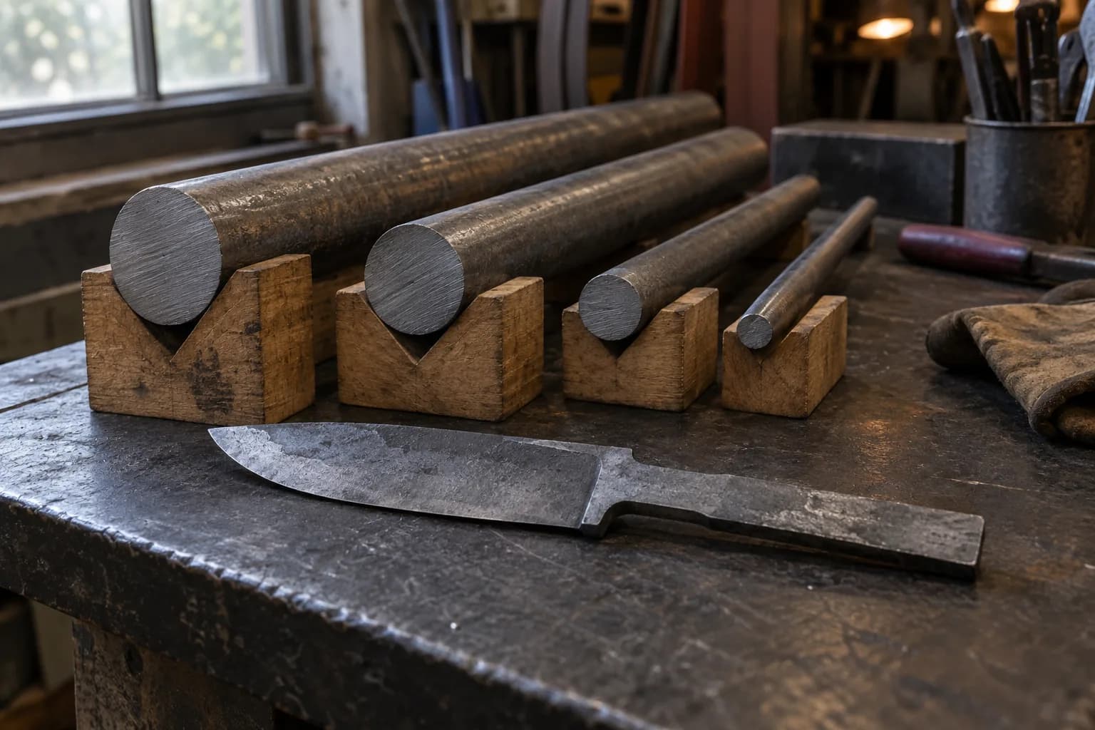 Four plain steel round bars of descending diameter resting in wooden V-blocks behind a rough, cold knife preform on a bench.