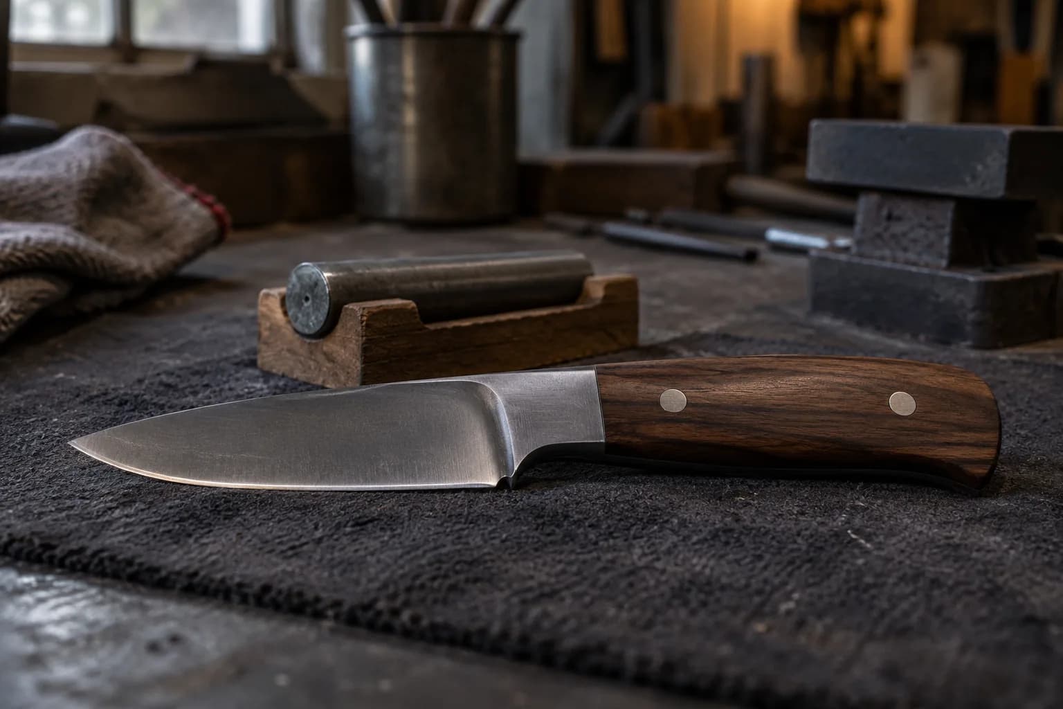 Finished utility knife with a walnut handle and steel bolster lying on a dark pad, a short round bar in a wooden cradle behind.