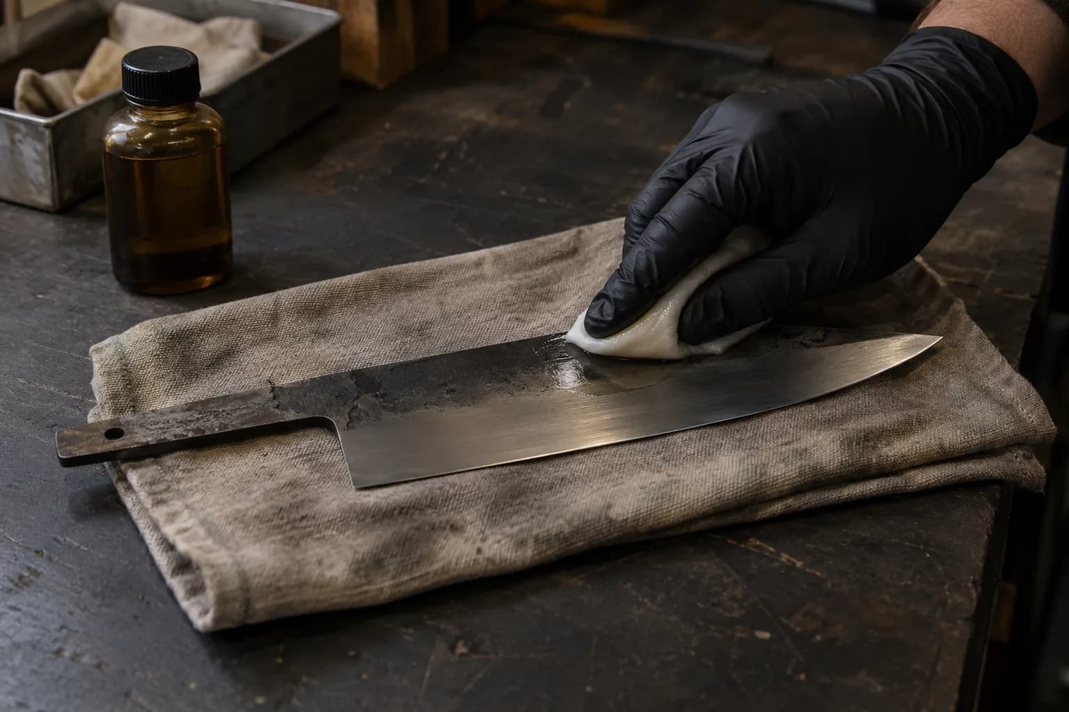 Black-gloved hand wiping oil across the flat of a carbon-steel blade lying on a folded shop cloth, oil bottle behind.