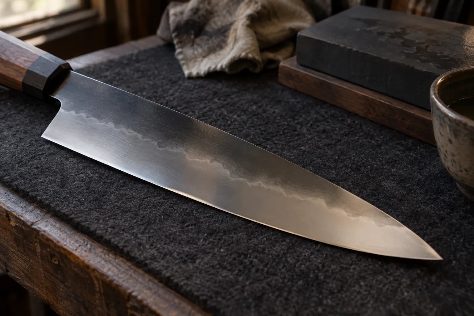 Polished W2 kitchen knife on charcoal felt, a wavy hamon line visible along the blade beside a whetstone and bowl.