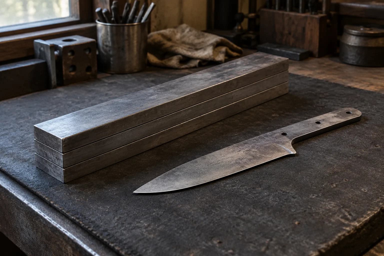 Three flat steel bars stacked in a low column on a dark bench beside a plain profiled knife blank with pin holes.