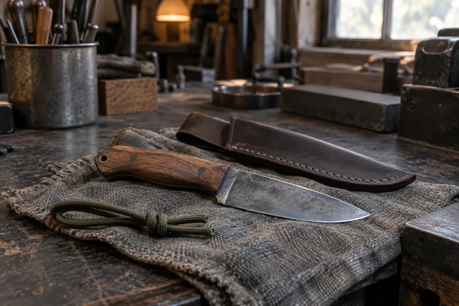 Drop-point knife with a wood handle on a burlap pad beside a stitched leather sheath and a loop of olive cord.