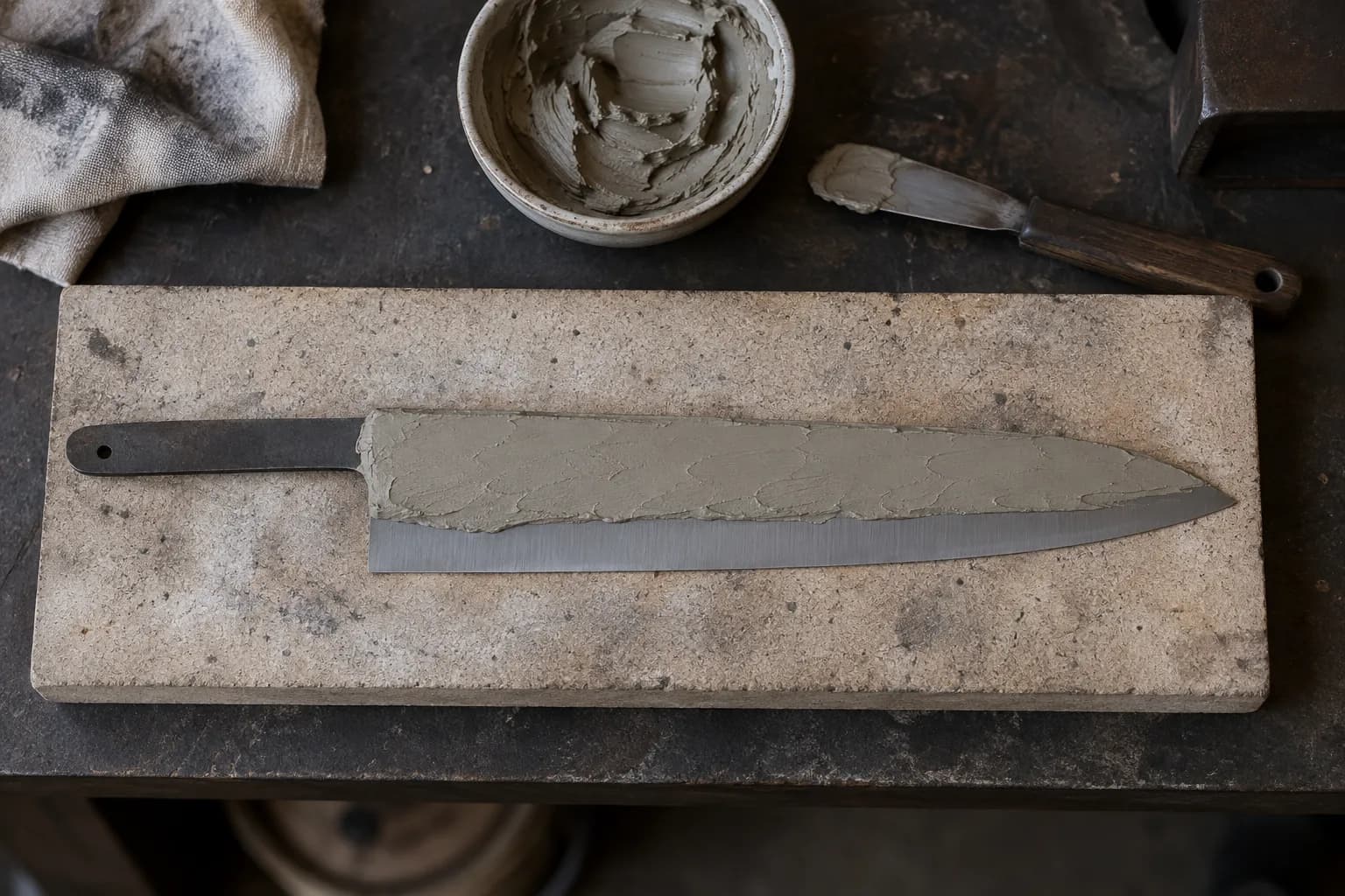 Cold long knife blank on a refractory board, clay coating its spine and upper face, bare edge below, clay dish and spatula.