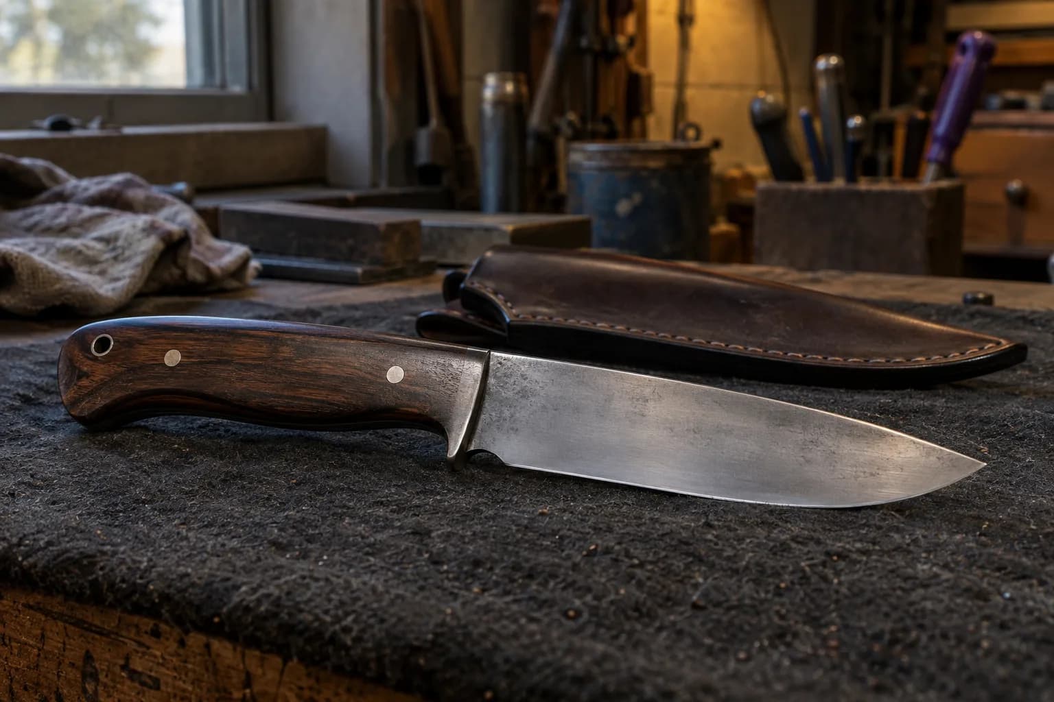 Finished hunting knife with a dark wood handle lying flat on a charcoal pad in front of a stitched leather sheath.
