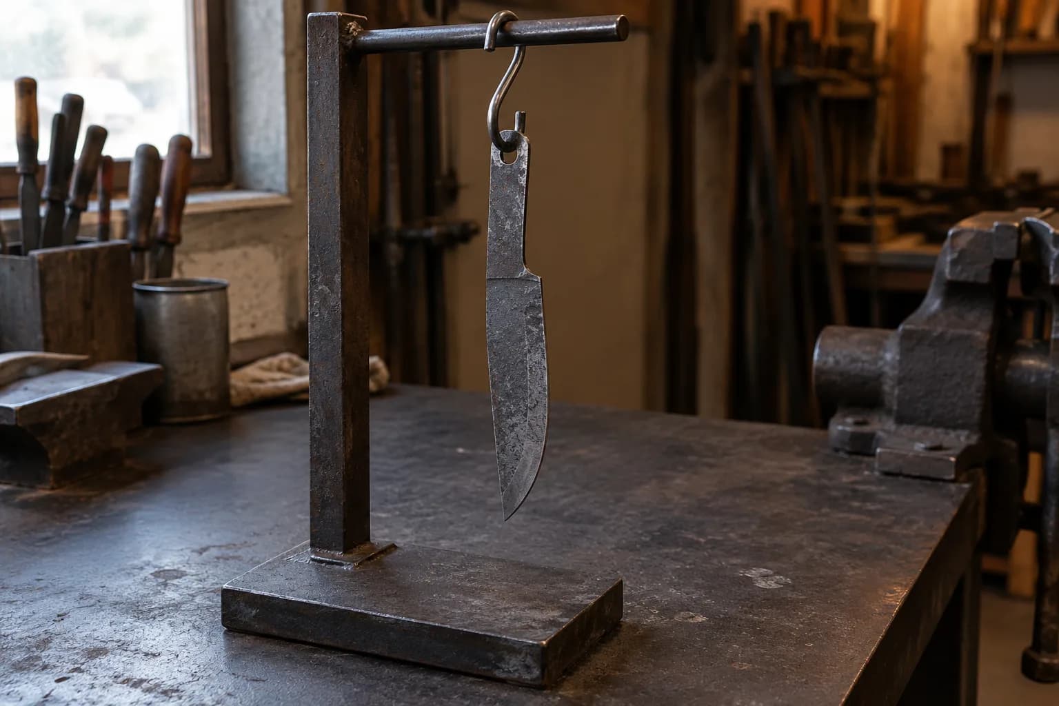Rough forged knife blank with dark scale hanging point down from an S-hook on a welded steel stand.