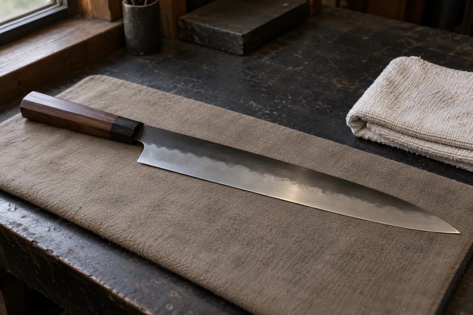 Long kitchen slicer with an octagonal wood handle and a soft cloudy hamon lying on a padded board beside a folded towel.