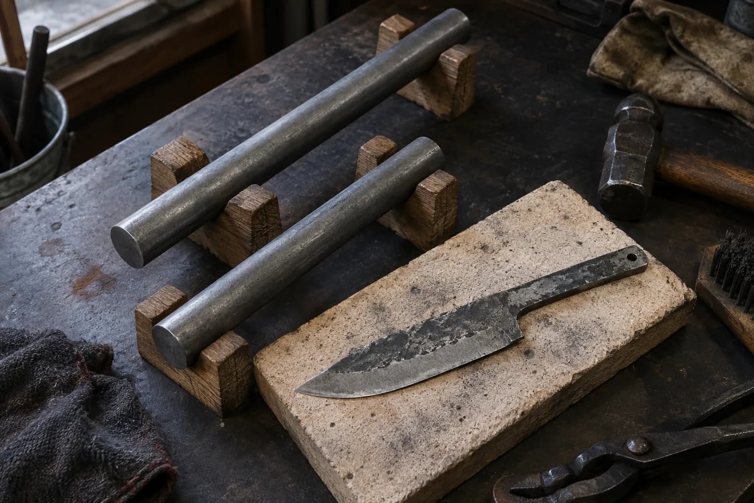 Two plain round steel bars in wooden cradles beside a cold rough forged knife preform on a firebrick.