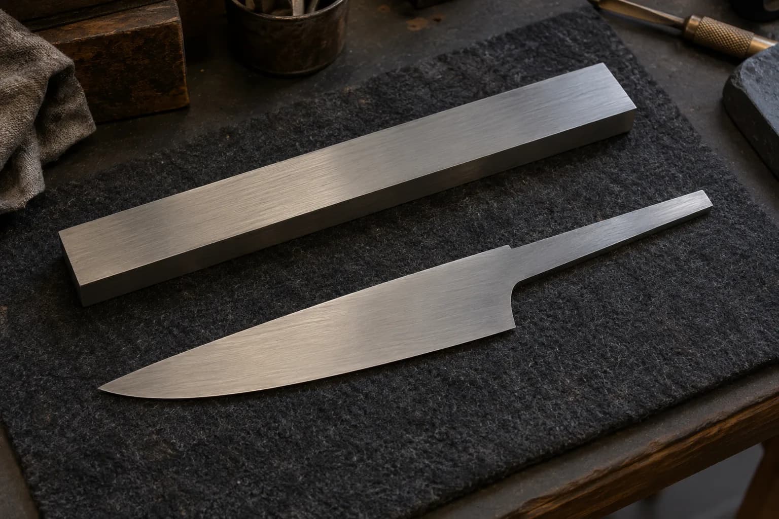 Brushed flat steel bar beside a freshly profiled chef-style knife blank with a flat tang, lying on dark felt.