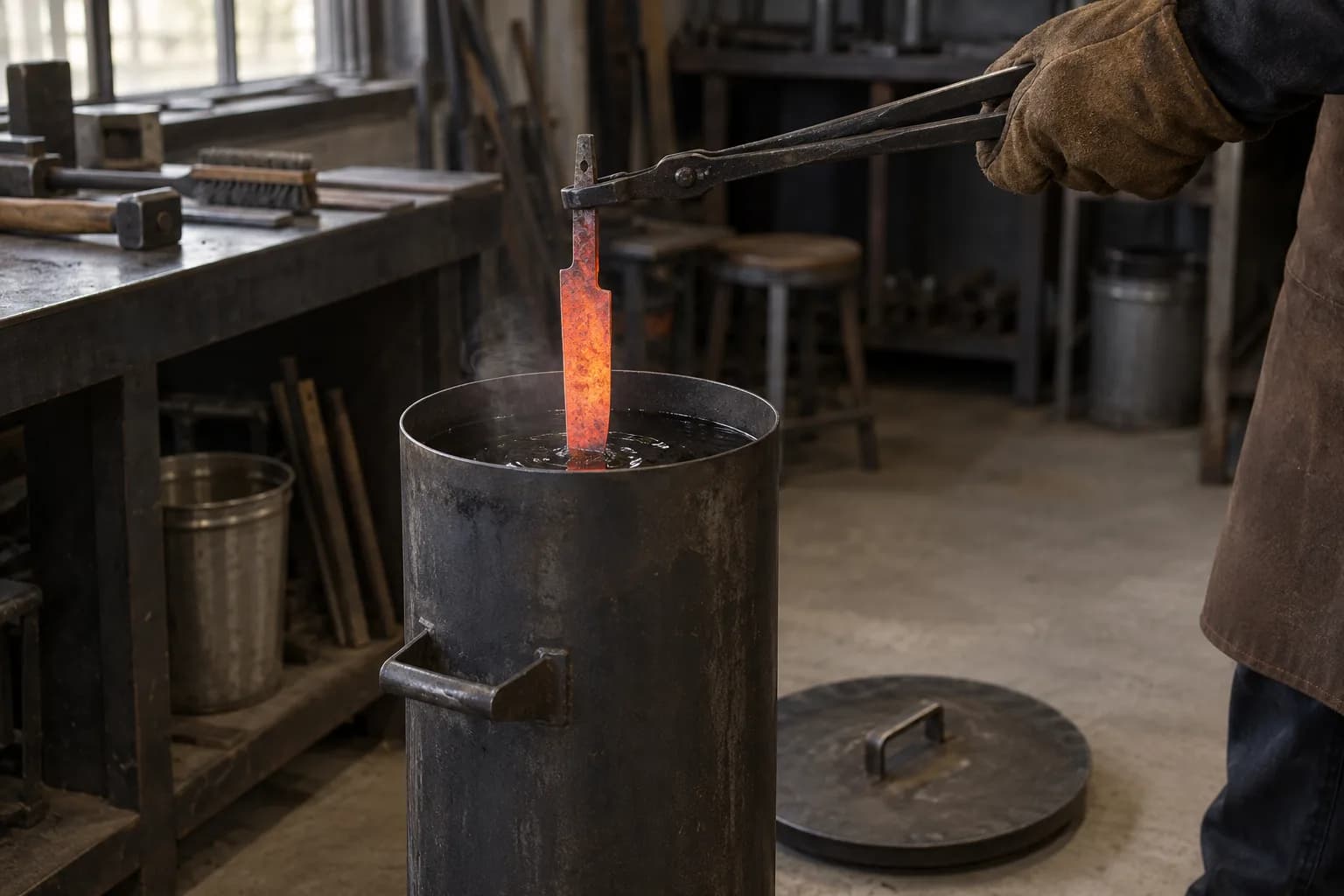 Gloved hand lowers a glowing orange knife blank into a tall oil-quench tank with long tongs, steam rising, lid on the floor.