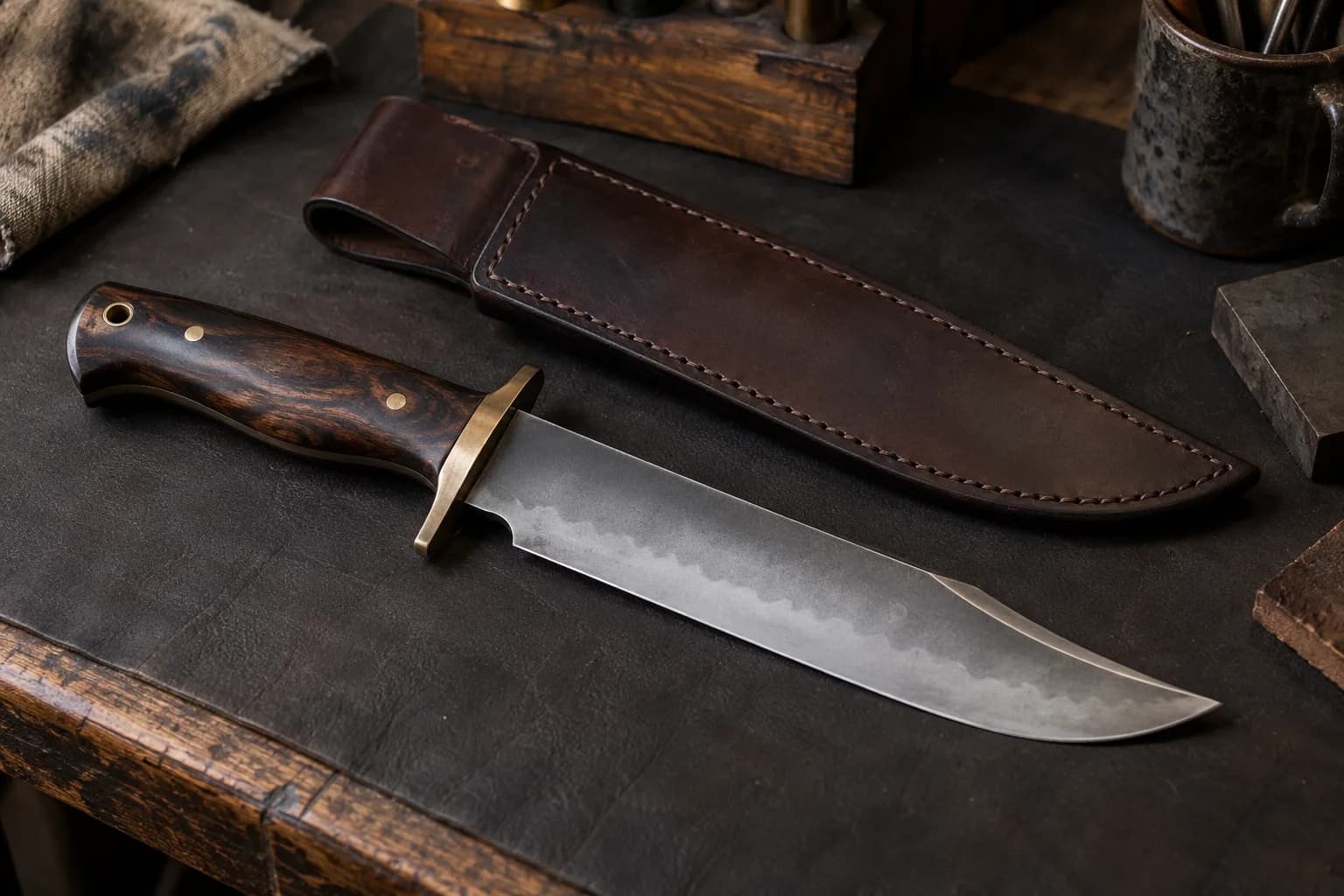 Bowie knife with a soft cloudy hamon and brass guard lying on a dark leather pad beside a stitched leather sheath.