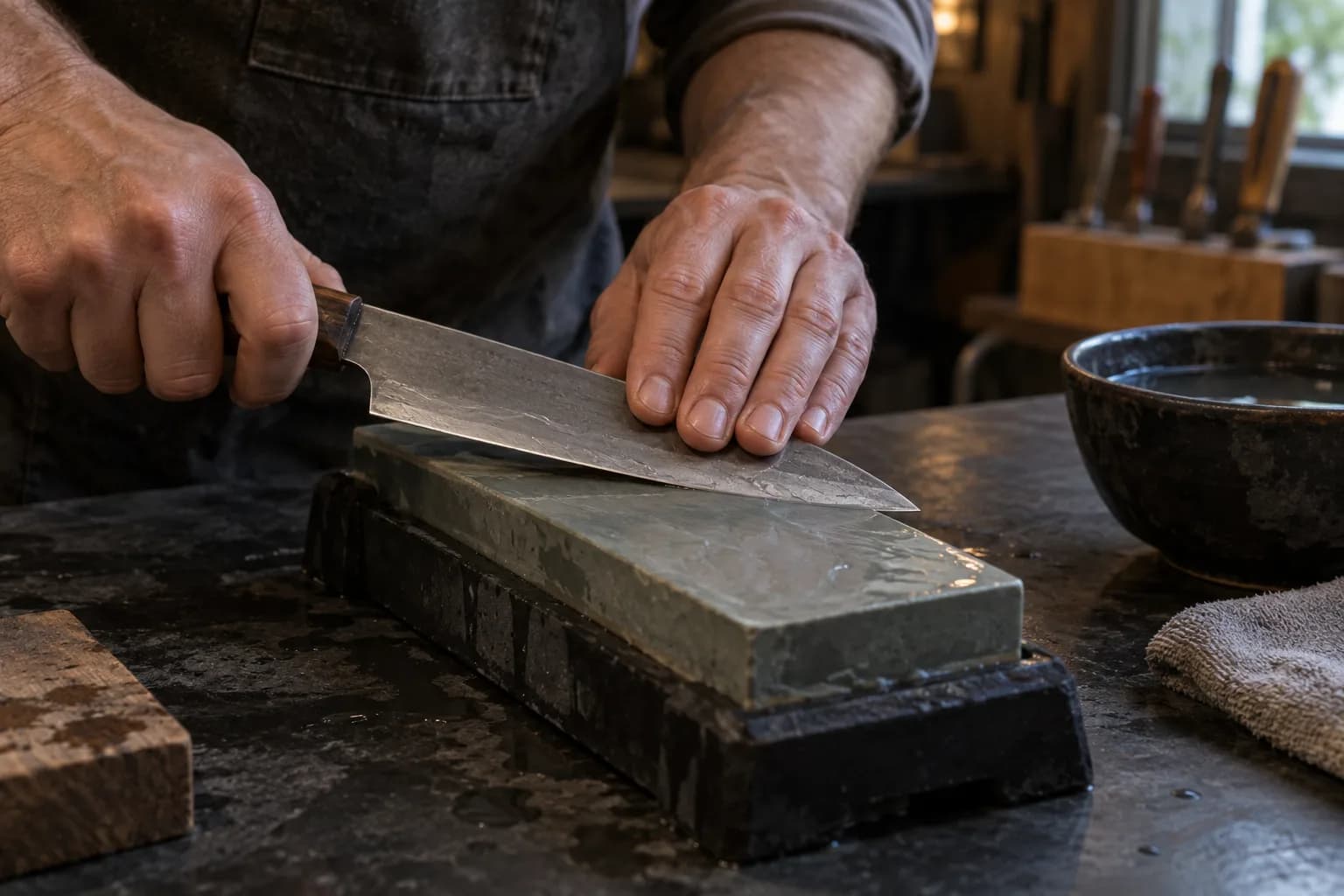 Hands hold a chef-style knife at a low angle on a wet stone in a black nonslip holder, fingertips resting on the blade.