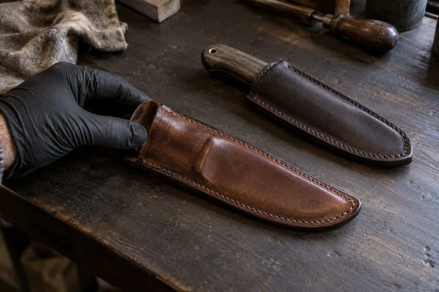 Gloved hand holds the mouth of a brown stitched leather sheath with a worn, rounded swell; a dark sheathed knife lies beside it.