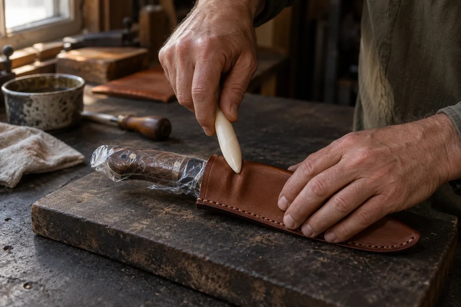 Hands press a bone folder into a stitched brown leather sheath around a plastic-wrapped knife handle on a worn board.