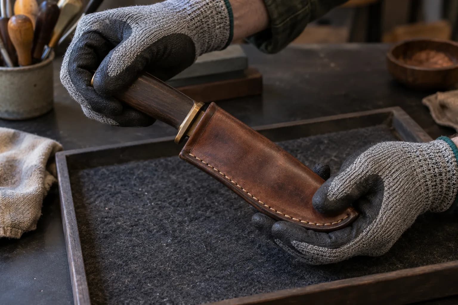 Gloved hands lift a wood-handled knife with a brass guard slightly out of a worn leather sheath over a felt-lined tray.