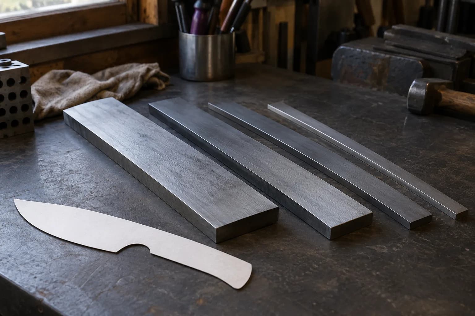 Four flat steel bars in descending widths on a dark workbench beside a blank cardstock knife-profile template.