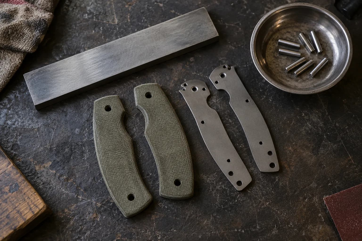 Overhead view of a steel bar, green micarta handle scales, titanium liner blanks and a dish of metal pins on a dark bench.