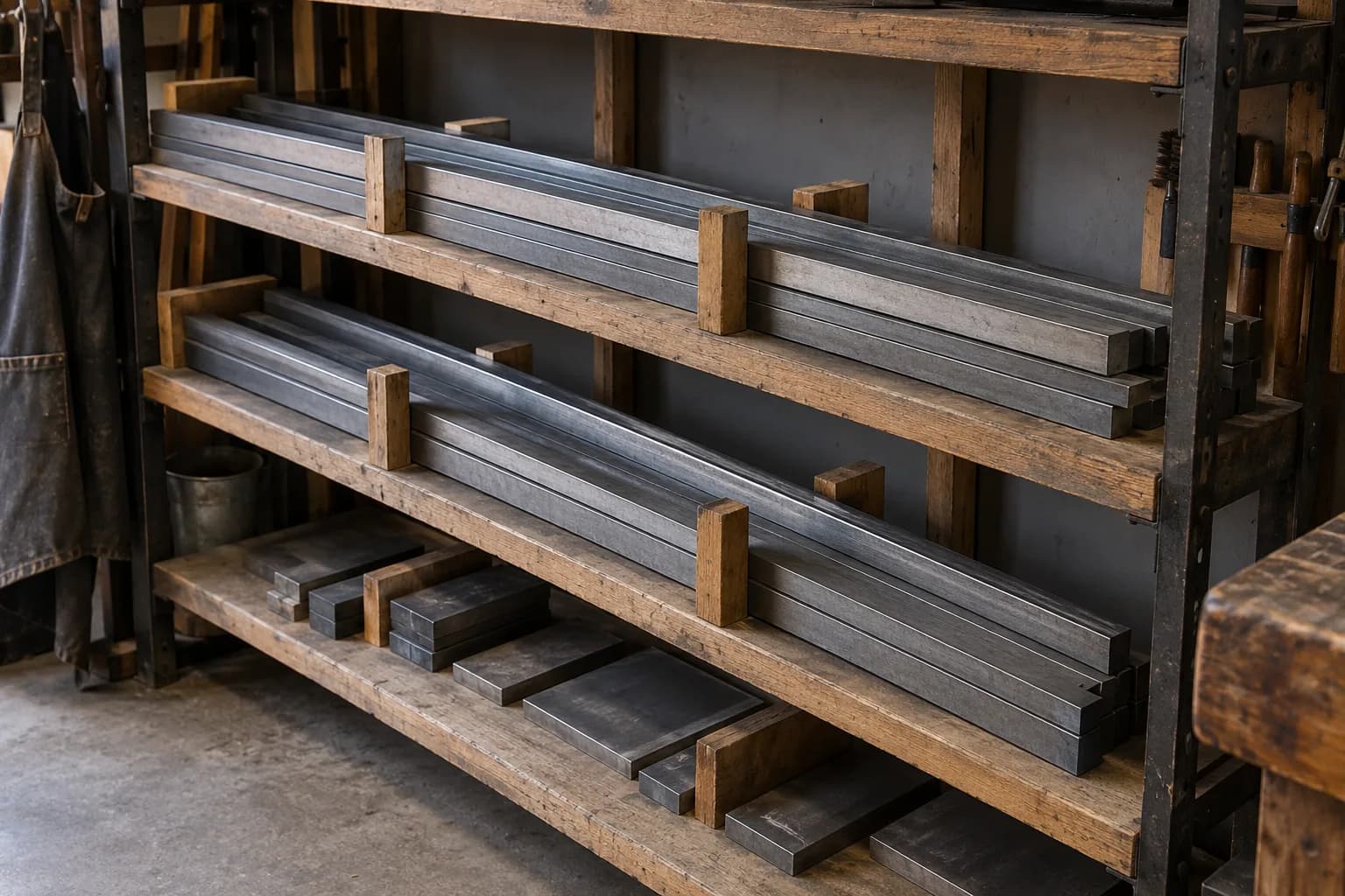 Long steel bars lying flat on wooden shelves between upright wood blocks, with shorter flat plates on the shelf below.