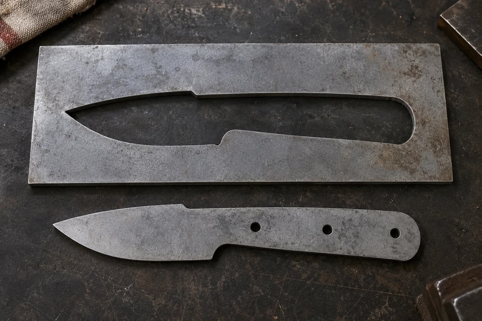 Flat steel sheet with a knife-shaped cutout above the matching drop-point blank with three pin holes, on a dark bench.