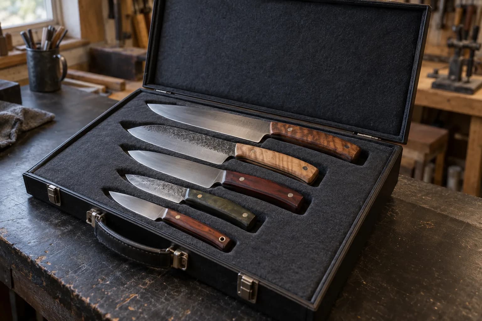 Five finished knives with wood handles lying flat in the padded recesses of an open black case on a worn workshop bench.