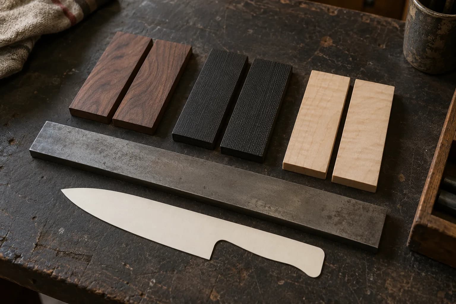 Walnut, black micarta and maple handle scales beside a steel bar and a cardstock chef-knife template on a worn bench.