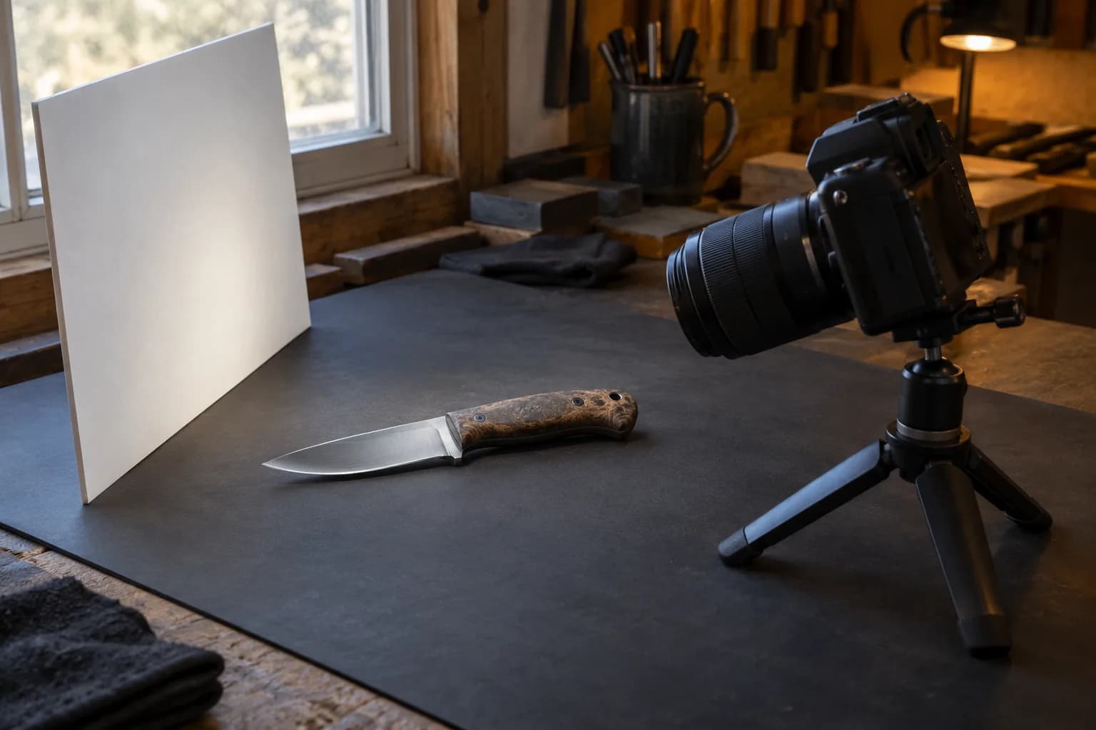 Finished drop-point knife on a charcoal backdrop beside a window and white reflector, with a camera on a small tripod.