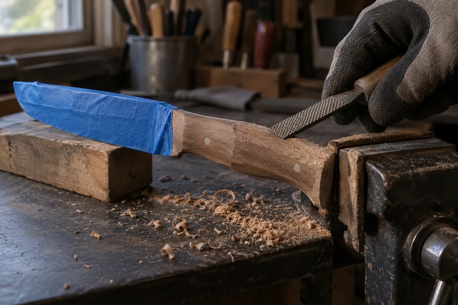Pinned wood knife handle clamped in a bench vise while a gloved hand rasps it; the taped blade rests on a wood block.